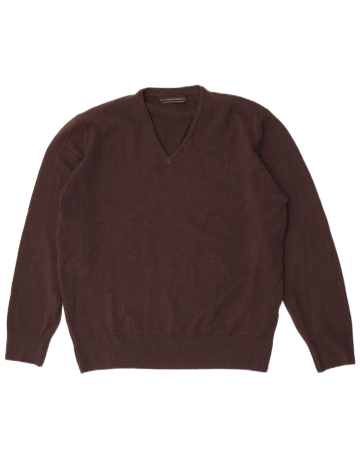 Zara Pull Col V Homme XL Marron Laine
