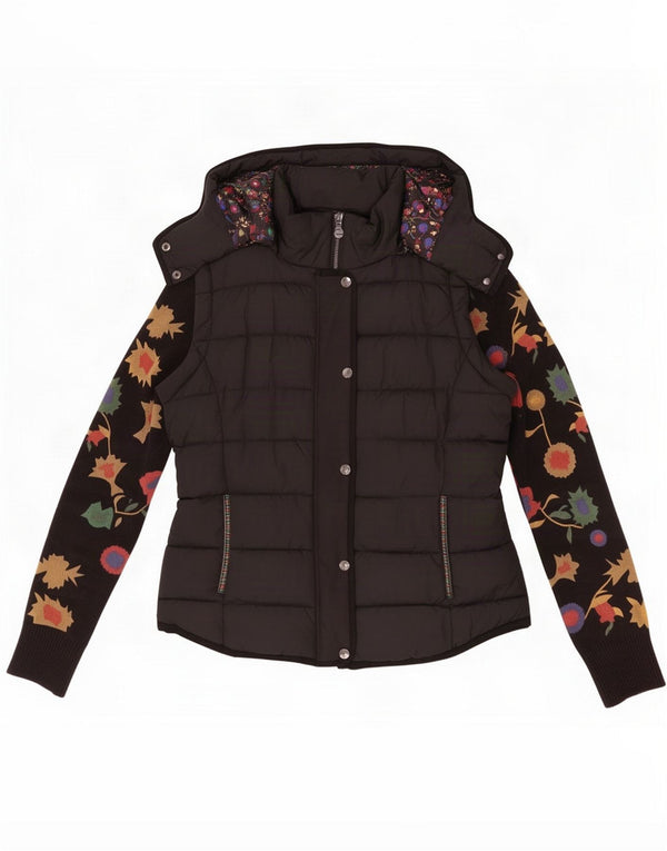 Desigual Veste matelassée à capuche pour femme EU 42 Large Noir Floral Coton