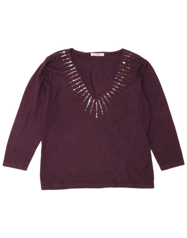 Marks & Spencer Pull col en V pour femme UK 16 Large Viscose Bordeaux