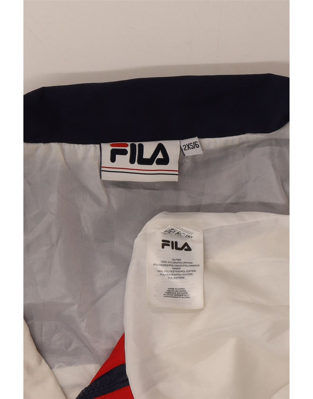 FILA Womens Oversized Graphic Windbreaker Jacket UK 2 2XS White Vintage Fila and Second-Hand Fila from Messina Hembry 