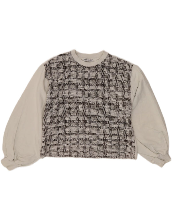 Zara Sweat-shirt court surdimensionné pour femme UK 10 Petit coton à carreaux blancs