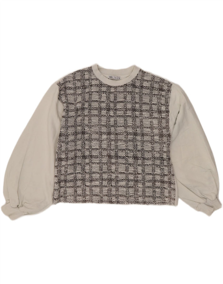 Zara Sweat-shirt court surdimensionné pour femme UK 10 Petit coton à carreaux blancs