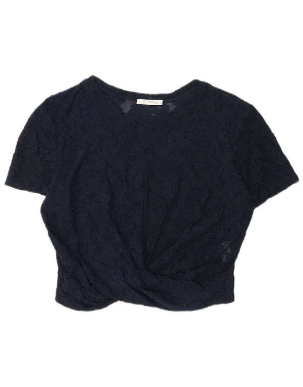 Zara Womens Crop Lace Blouse Top UK 14 Grand Bleu Marine Floral Polyester