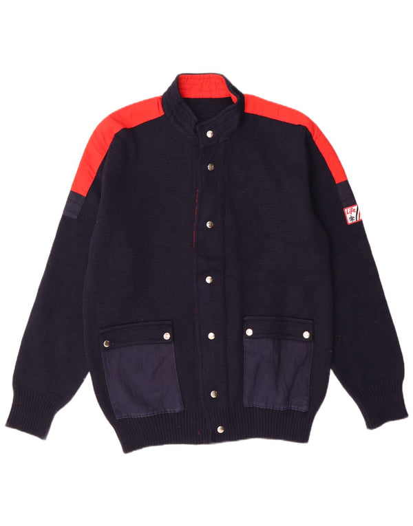 vintage Mens Cardigan Sweater IT 50 Moyen Marine Bleu Colourblock Laine
