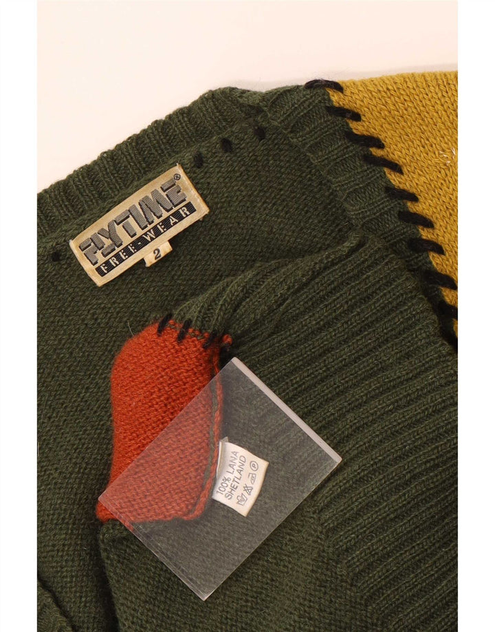 vintage Femme Graphique Cardigan Pull UK 16 Grande Laine Patchwork Vert