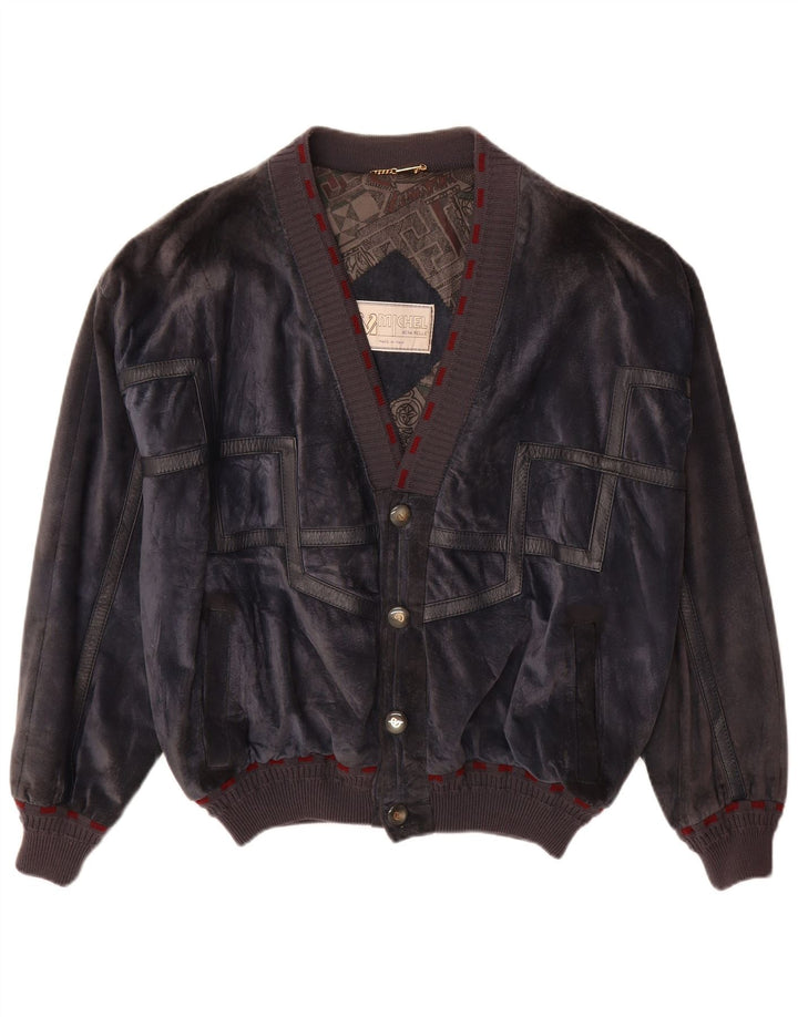 Michel Veste Bomber En Daim Homme IT 52 XL Cuir Bleu Marine