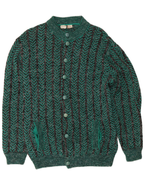 vintage Mens Regular Fit Cardigan Pull Moyen Vert Chevron Acrylique