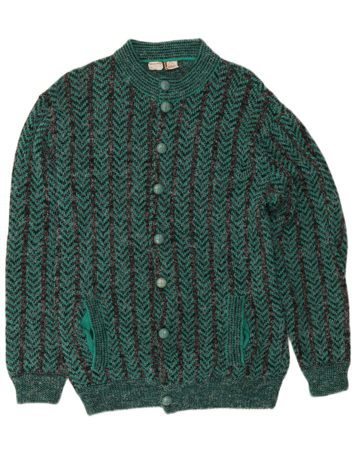 vintage Mens Regular Fit Cardigan Pull Moyen Vert Chevron Acrylique