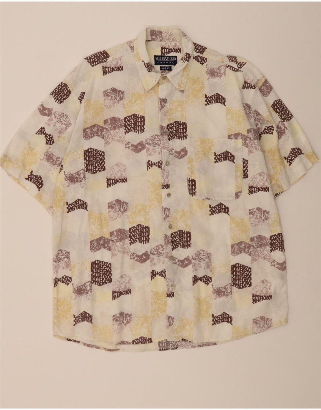 SEIDENSTICKER Mens Short Sleeve Shirt Size 42 Large Beige Patchwork Vintage Seidensticker and Second-Hand Seidensticker from Messina Hembry 
