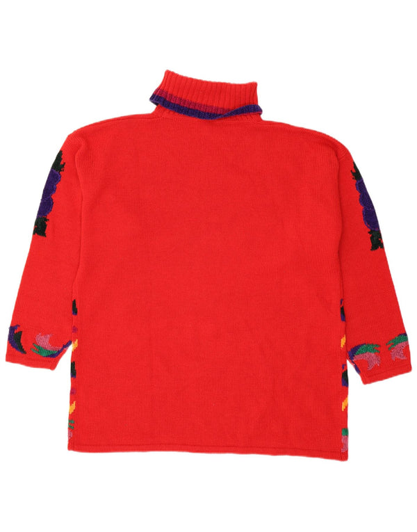 vintage Femmes Roll Neck Jumper Pull UK 18 XL Rouge Floral Polyacrylique