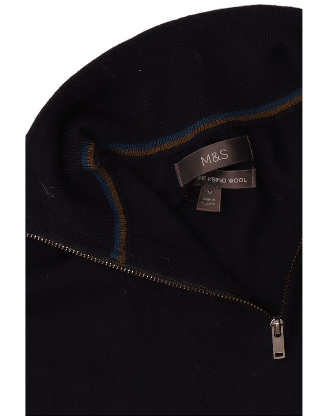 Marks & Spencer Pull col zippé pour homme en laine mérinos bleu marine moyen