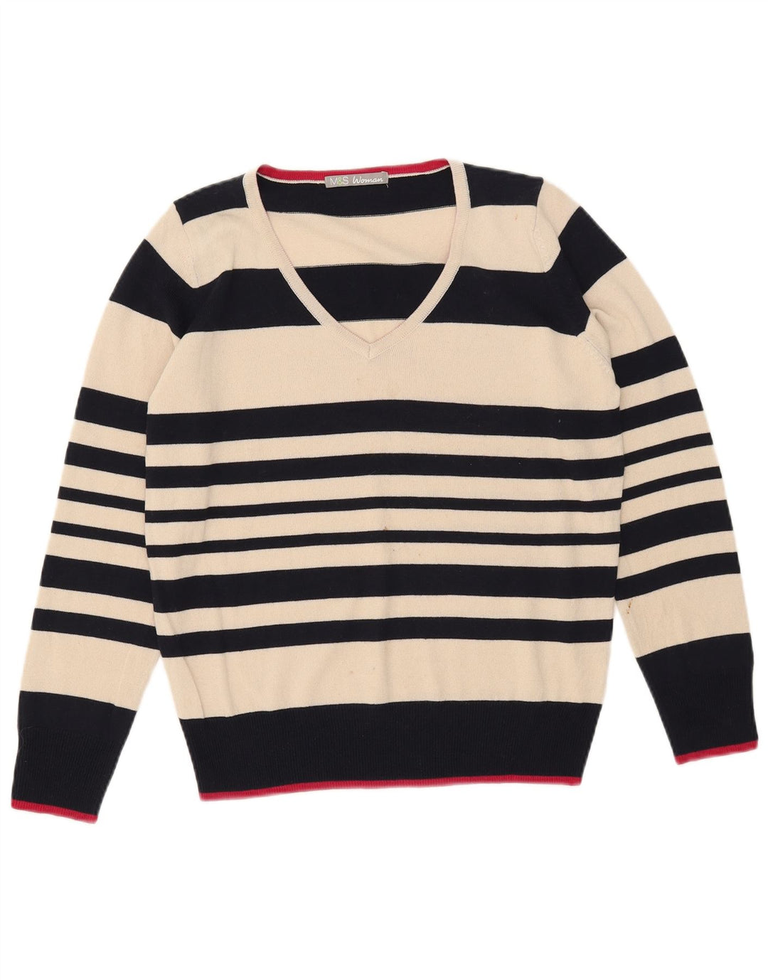 Marks & Spencer Pull col en V pour femme UK 12 Medium Off White Rayé