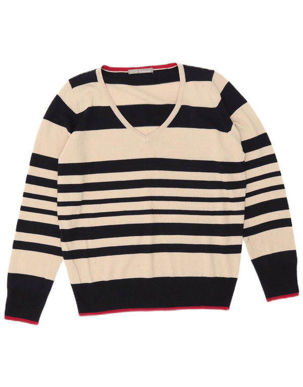 Marks & Spencer Pull col en V pour femme UK 12 Medium Off White Rayé