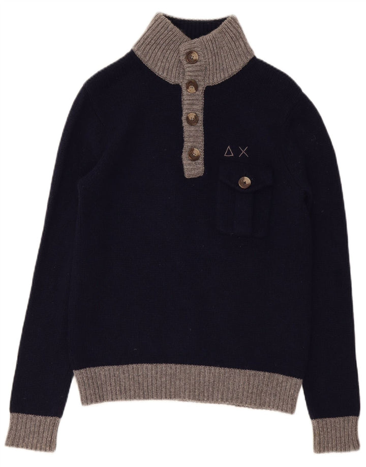 Sun68 Pull coupe classique à col boutonné pour homme en laine bleu marine