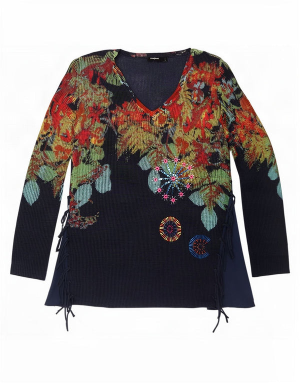 Desigual Pull col V pour femme UK 14 Large Bleu marine Floral