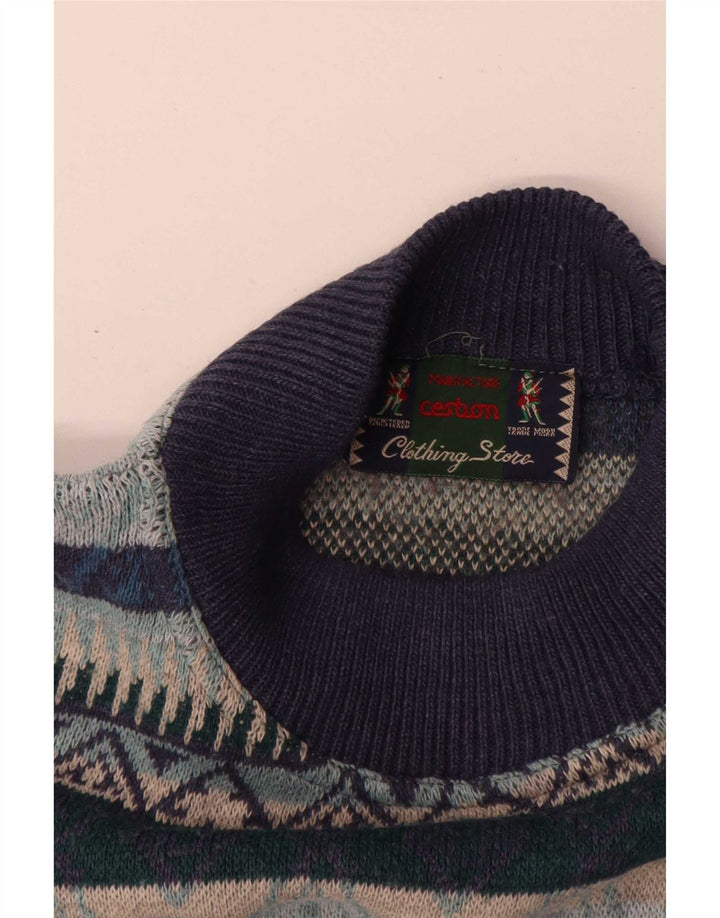 vintage Mens Turtle Neck Jumper Pull XL Bleu Marine Géométrique