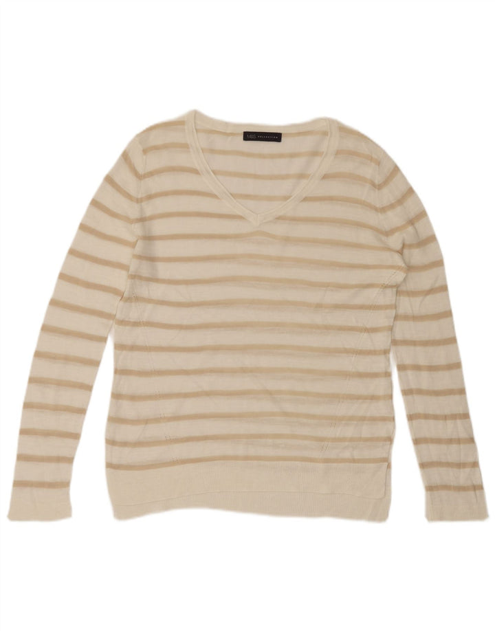 MARKS & SPENCER Pull col en V pour femme UK 16 Grand Blanc Rayé