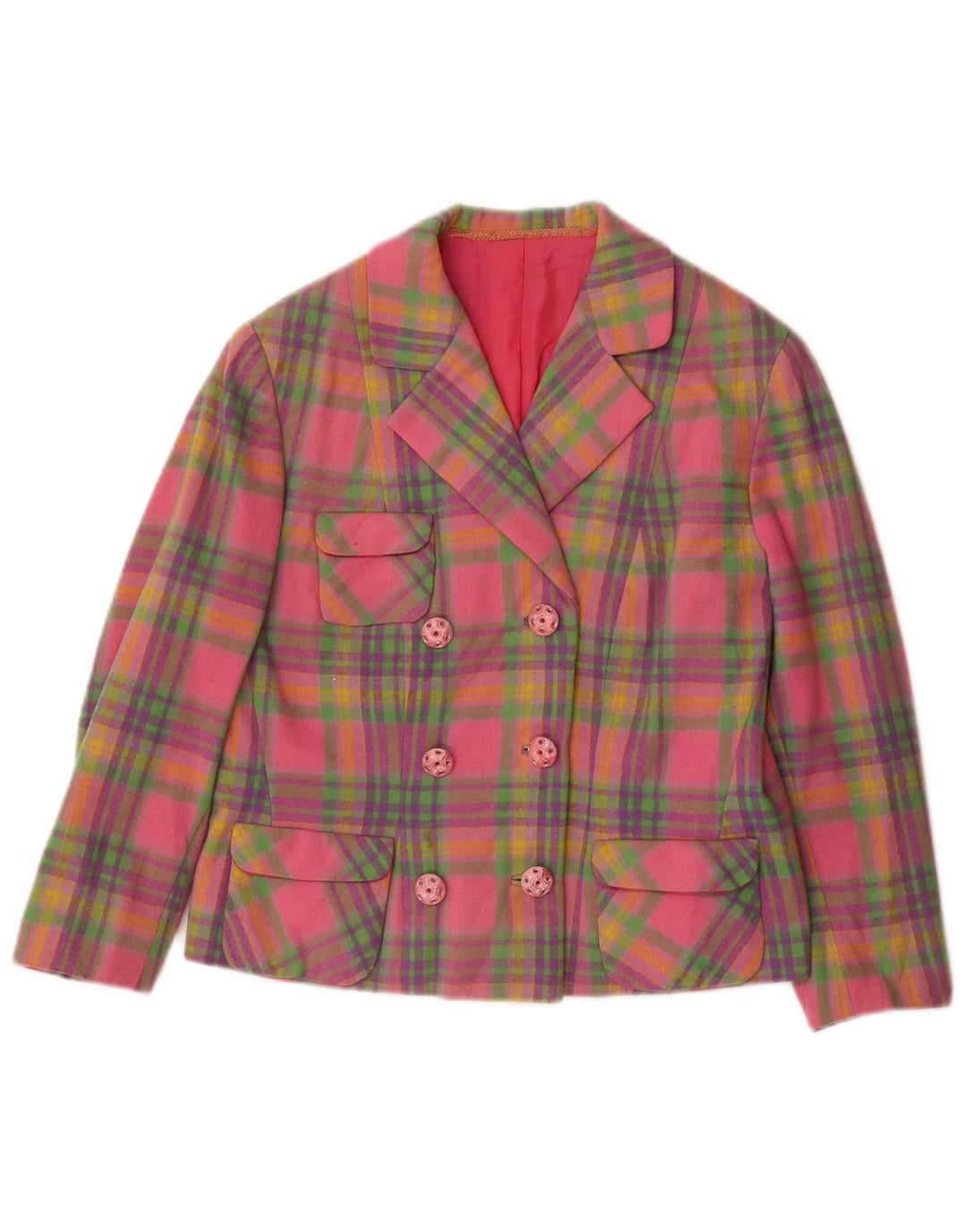vintage Femmes Crop 3/4 Manches Blazer Veste UK 10 Petit Carreau Rose