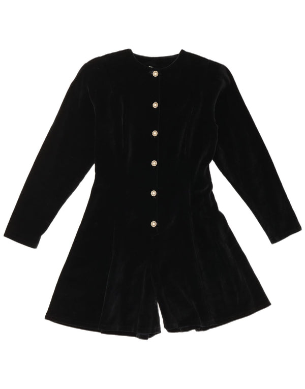 vintage Femmes Manches Longues Velours Playsuit UK 14 Grand Coton Noir