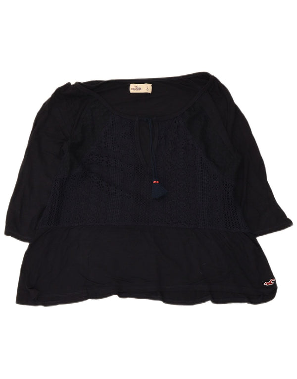 Hollister Womens Crop 3/4 Sleeve Blouse Top UK 14 Large Navy Blue