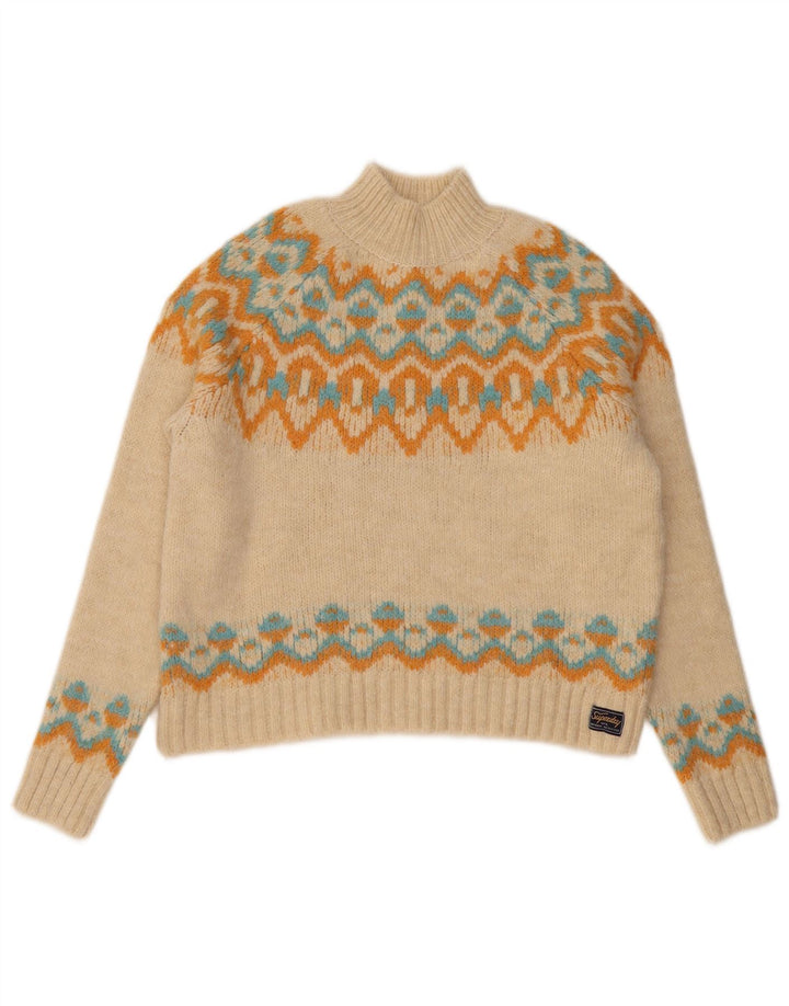 Superdry Pull à col roulé pour femme UK 12 Beige moyen Fair Isle