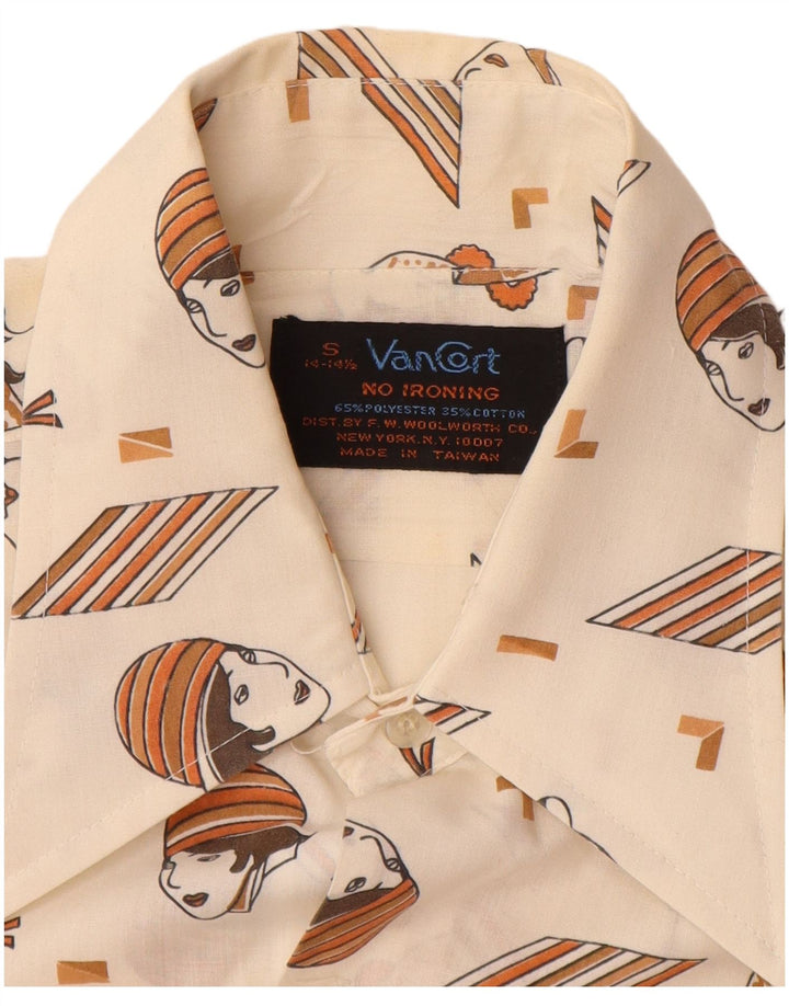 VINTAGE Chemise à motif abstrait pour hommes Taille 14 14 1/2 Petit Blanc Cassé