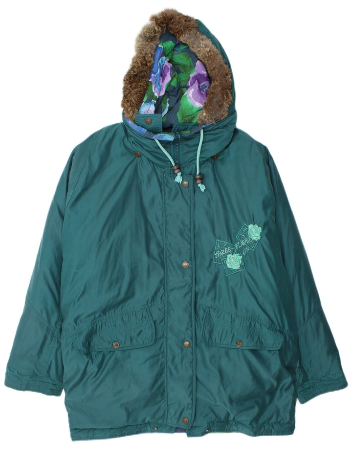 VINTAGE Veste réversible graphique surdimensionnée pour femmes UK 16 Large Turquoise