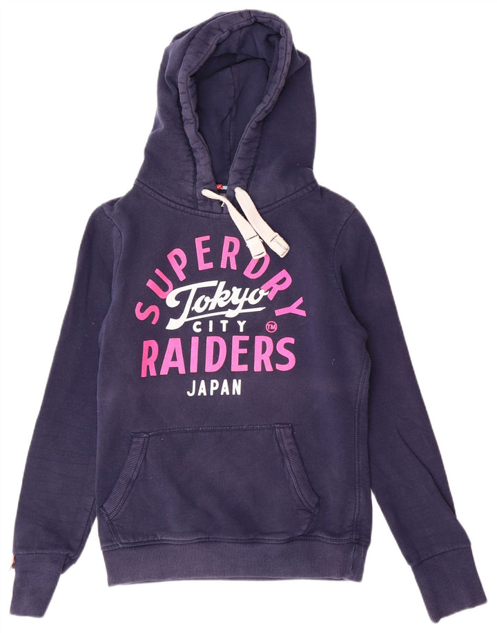 SUPERDRY Pull à capuche graphique pour femme UK 10 Small Bleu marine Coton
