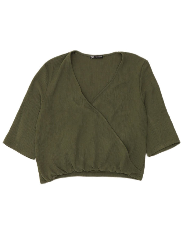 Zara Womens Crop Top Manches 3/4 UK 10 Petit Vert