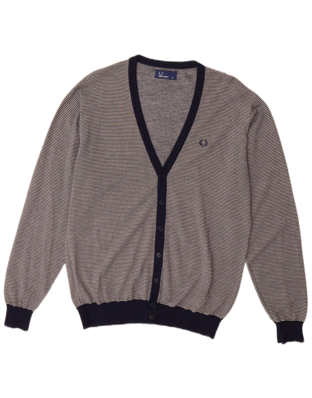 FRED PERRY Pull Cardigan Homme XL Bleu Marine à Fines Rayures Laine Mérinos