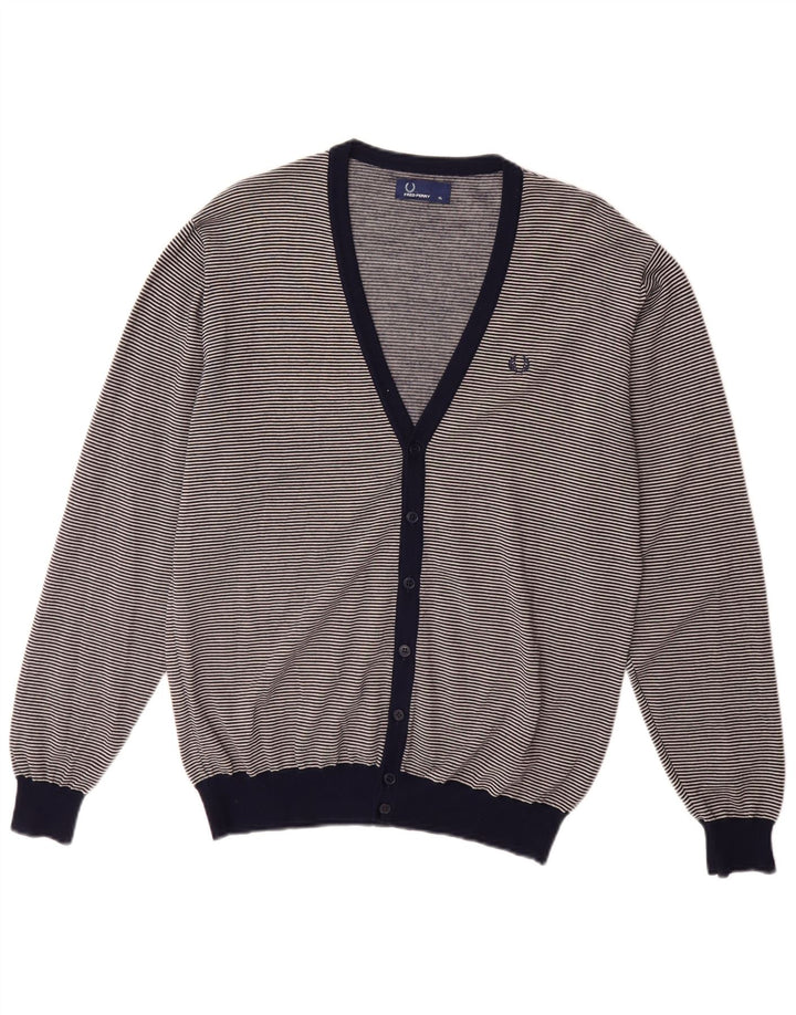 FRED PERRY Pull Cardigan Homme XL Bleu Marine à Fines Rayures Laine Mérinos