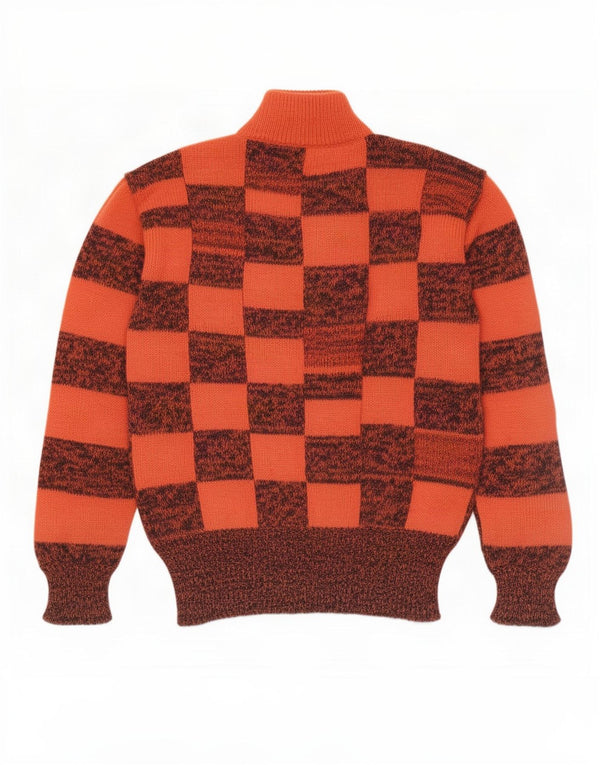 vintage Womens Turtle Neck Jumper Pull UK 16 Grand Chèque Orange