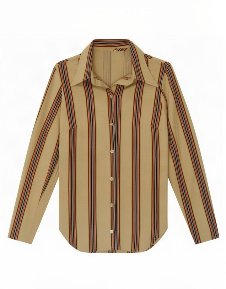Chemise Femme Vintage IT 44 Coton Rayé Beige Moyen
