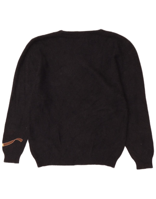vintage Femmes Graphique Bateau Cou Jumper Pull UK 18 XL Noir Angora