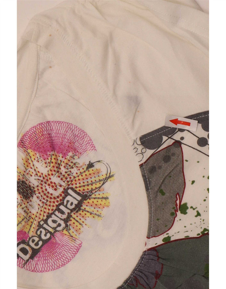 Desigual Femme Graphic T-Shirt Top UK 12 Medium Blanc Polyester