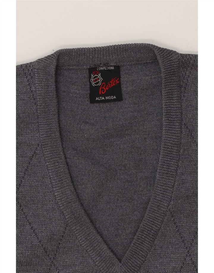 vintage Homme Col V Pull Pull Gris Moyen Argyle/Diamond Laine