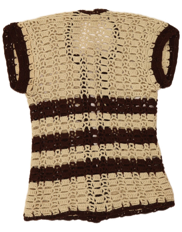 vintage Femmes Manches Courtes Cardigan Pull UK 8 Petit Beige Rayé