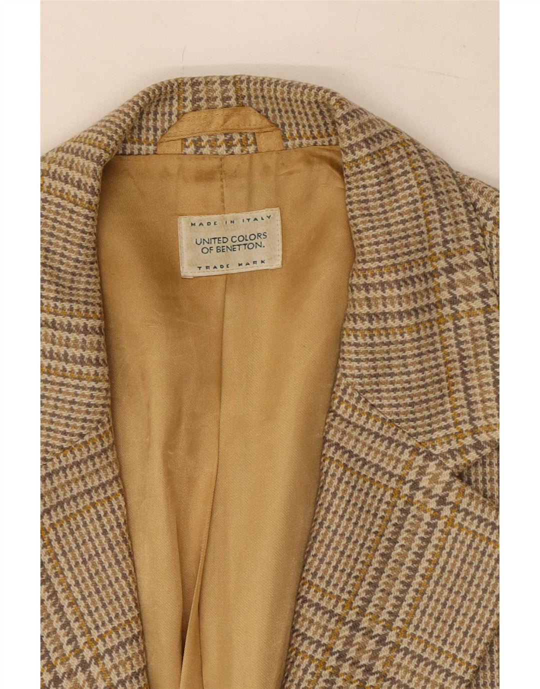 Benetton Veste Blazer 2 Boutons Femme IT 46 Large Beige Pied-de-Poule Laine