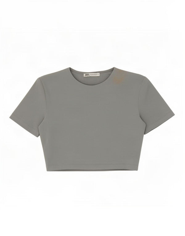 Zara Womens Crop T-Shirt Top UK 8 Petit Gris
