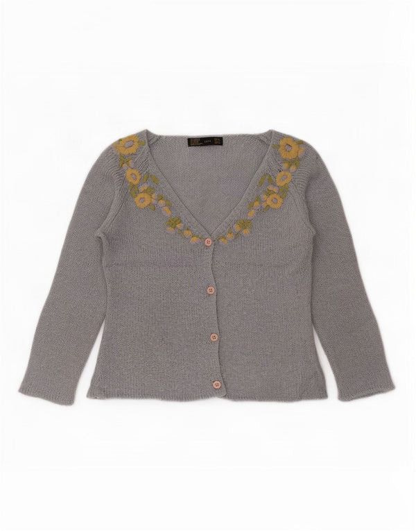 Zara Womens Crop Cardigan à manches 3/4 Pull UK 12 Bleu moyen Floral