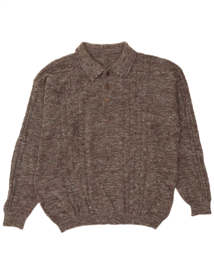 vintage Mens Polo Neck Jumper Pull Grand Gris Moucheté