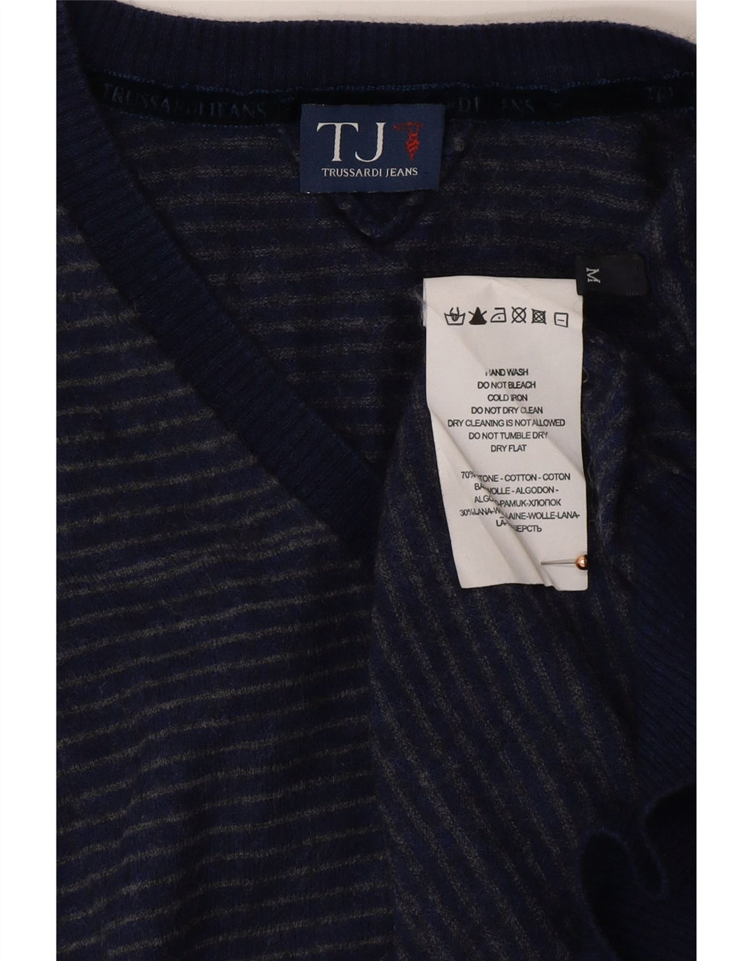 TRUSSARDI JEANS Pull Col V Homme Bleu Moyen Rayé Coton