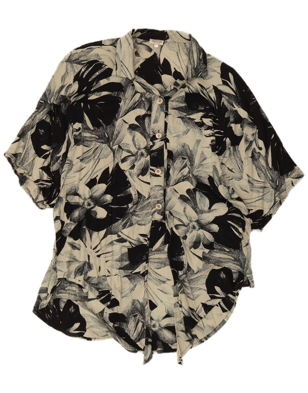 vintage Femme Chemise À Manches Courtes Blouse UK 14 Moyen Noir Floral Viscose