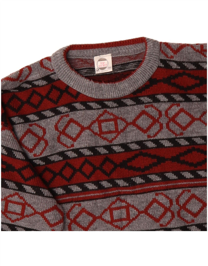 VINTAGE Pull col rond homme gris moyen acrylique géométrique