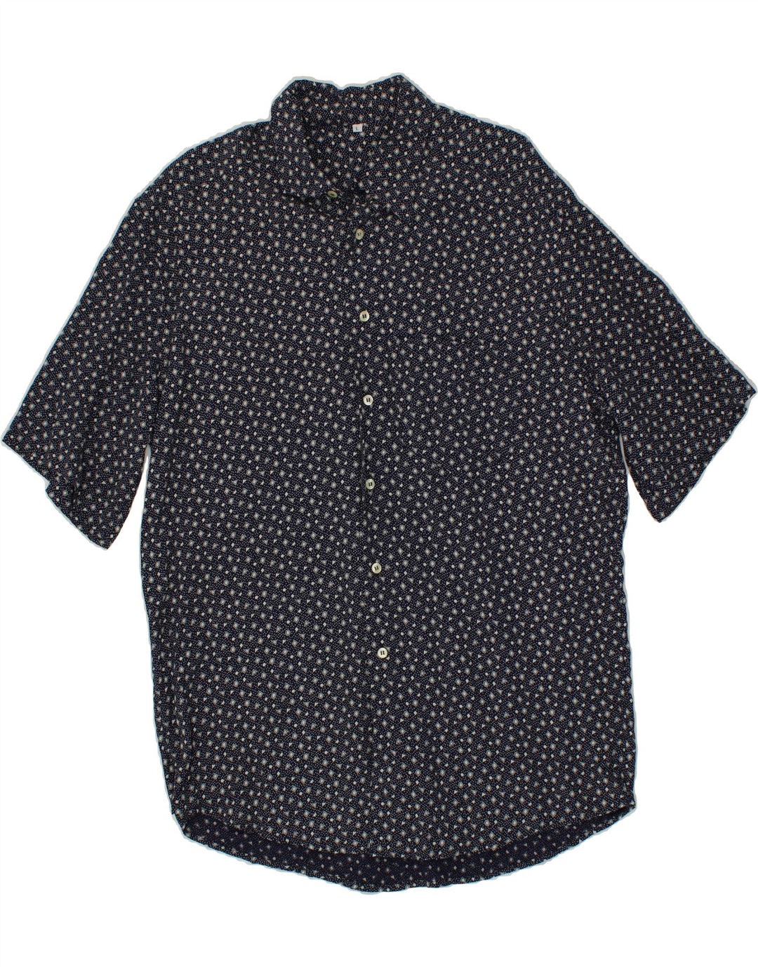 VINTAGE Mens Short Sleeve Shirt Large Navy Blue Spotted Viscose Vintage Vintage and Second-Hand Vintage from Messina Hembry 