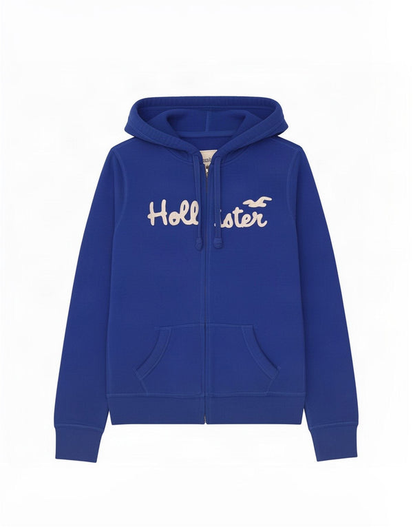 Hollister Pull à capuche zippé Graphic Crop pour femme UK 16 Large Bleu Coton