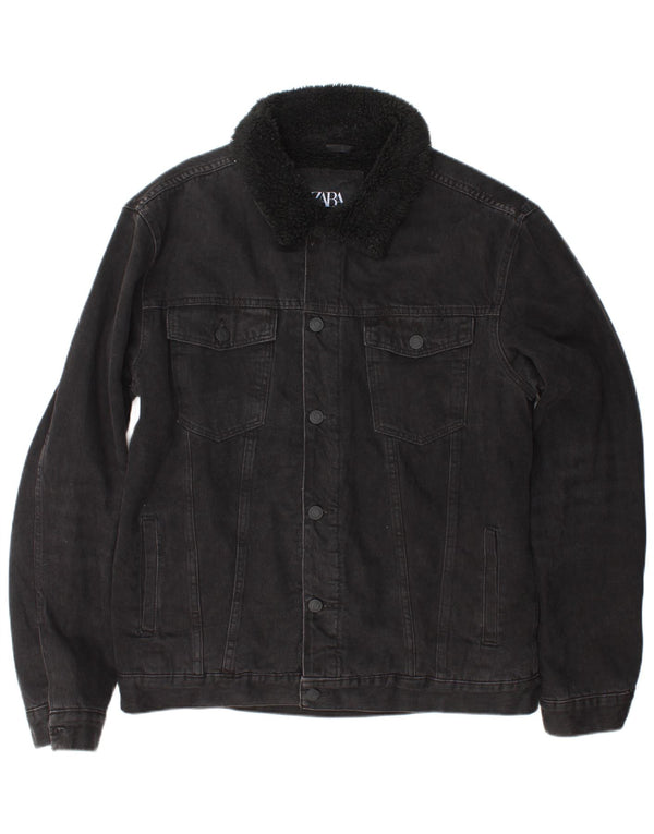 Zara Veste Sherpa en jean pour homme UK 40 Large Noir Polyester