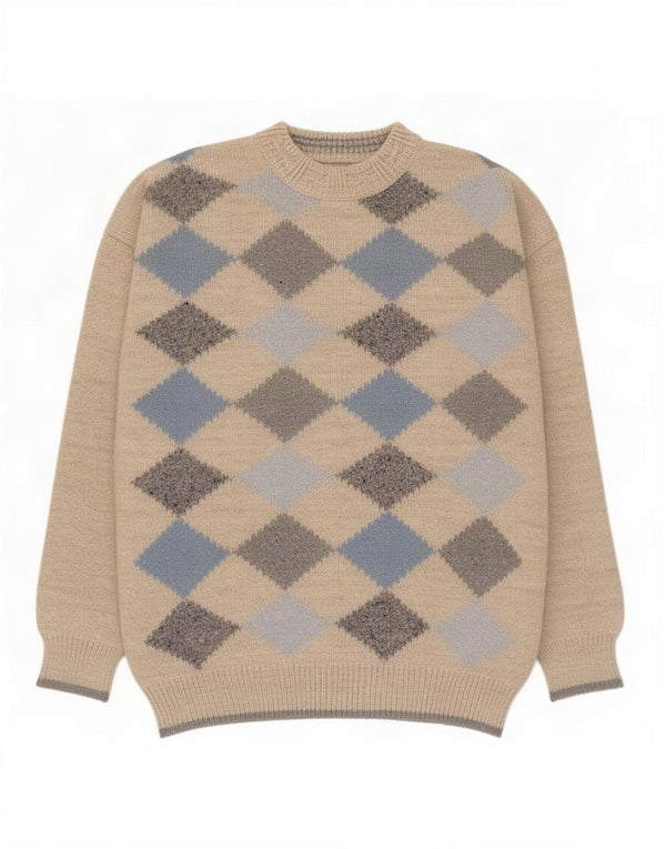 vintage Mens Crew Neck Jumper Pull XL Beige Argyle/Diamond Alpaga Laine