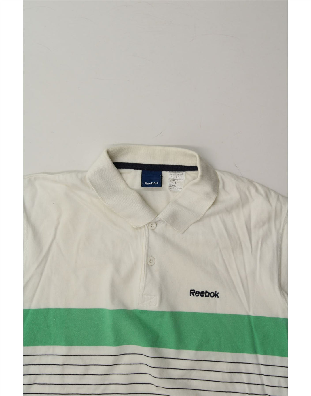 REEBOK Mens Graphic Polo Shirt Small White Striped Cotton Vintage Reebok and Second-Hand Reebok from Messina Hembry 