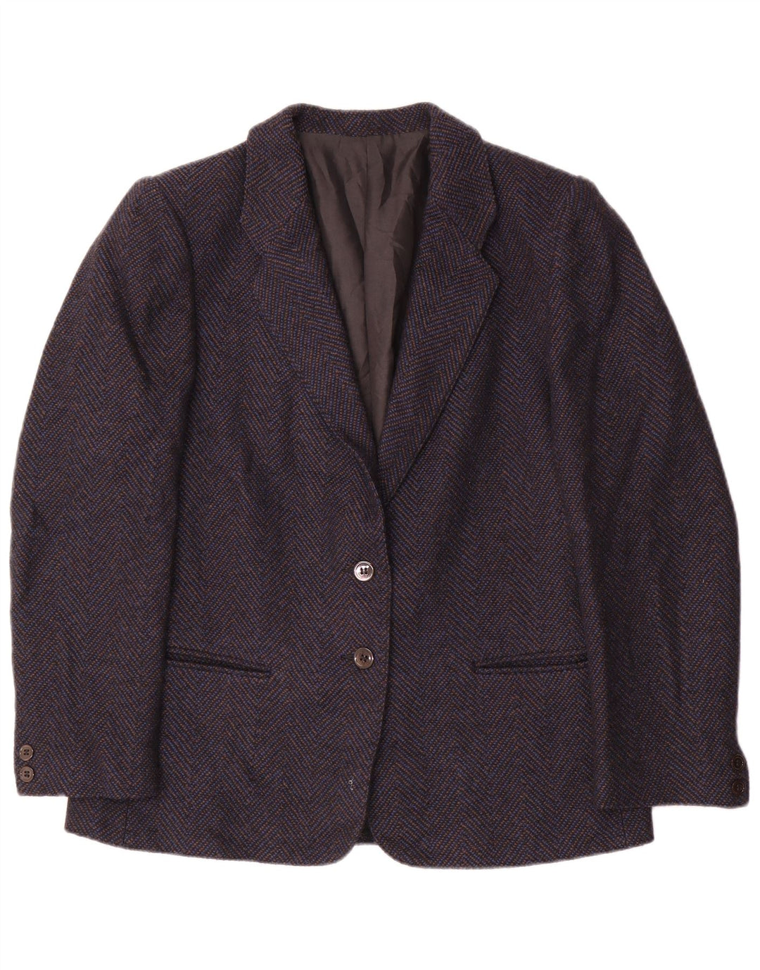 vintage Femme 2 Bouton Blazer Veste UK 14 Moyen Marine Bleu Chevron Laine